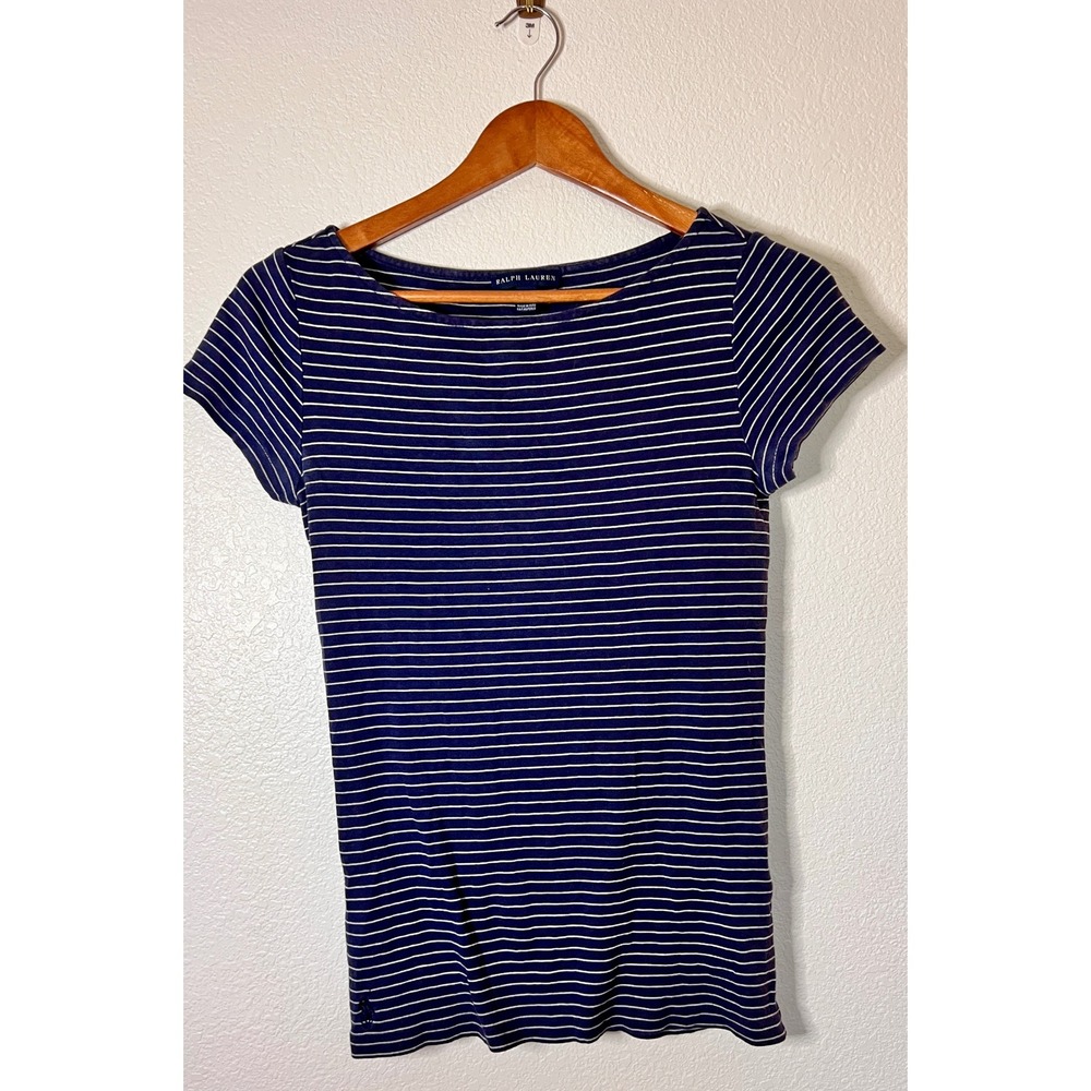 Ralph Lauren Navy White Striped Boat Neck Top Medium Stretch Cotton Tee